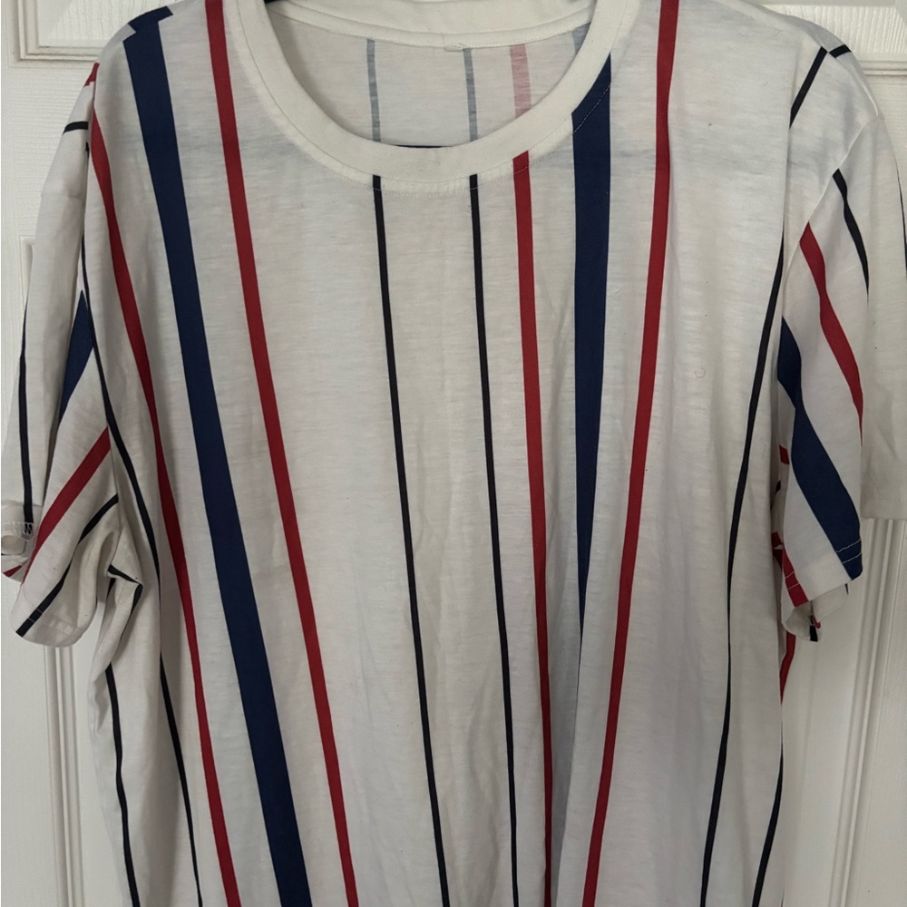 SHEIN White Tee with Red and Blue Stripes